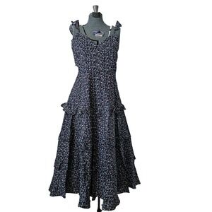 Dress Forum Navy Blue Floral Tiered Ruffle Midi Dress Smocked Back NWT Medium